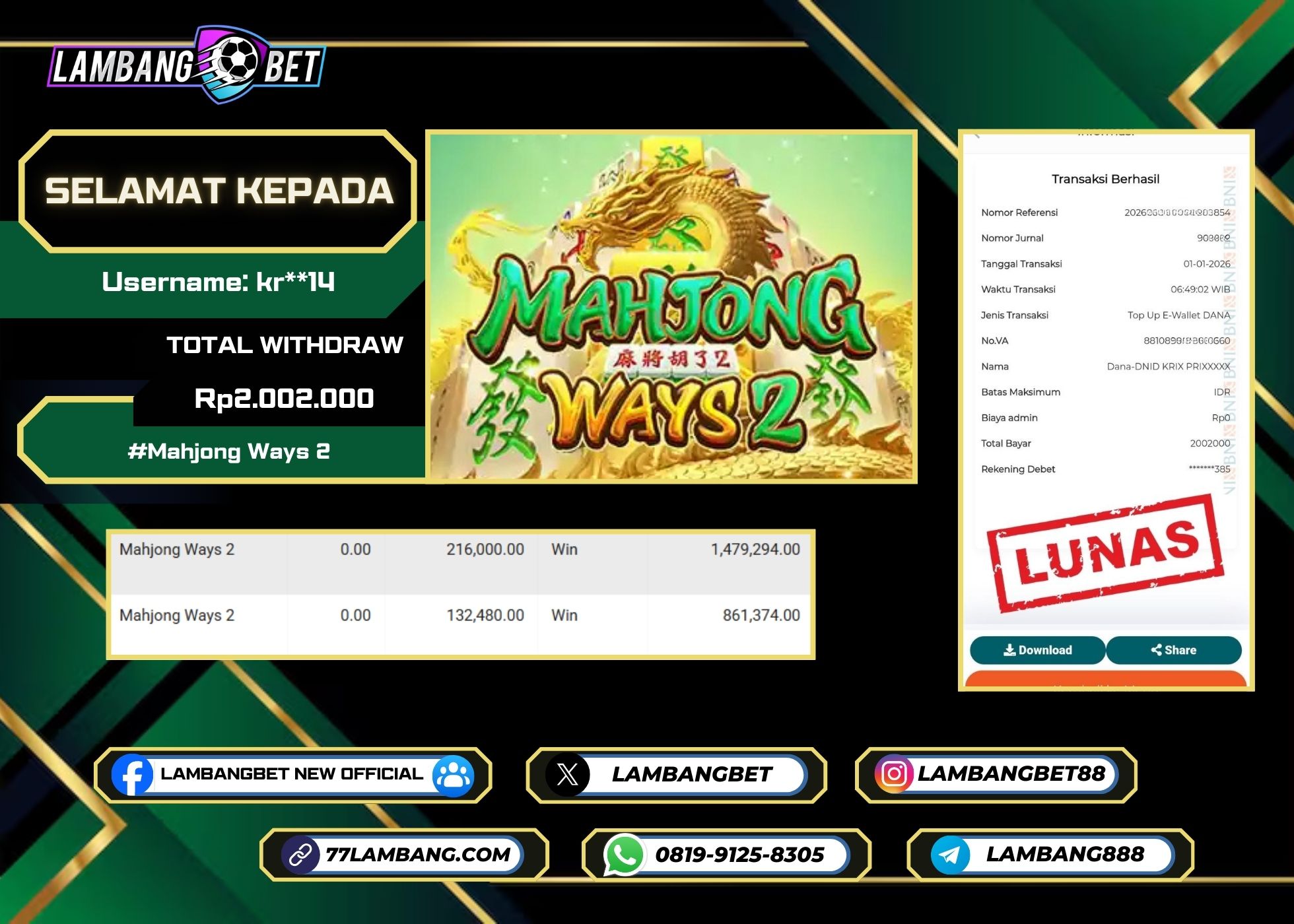 LAMBANGBET [1 JANUARI 2025] JACKPOT SLOT Mahjong Ways 2 "Rp2.002.000" LUNAS